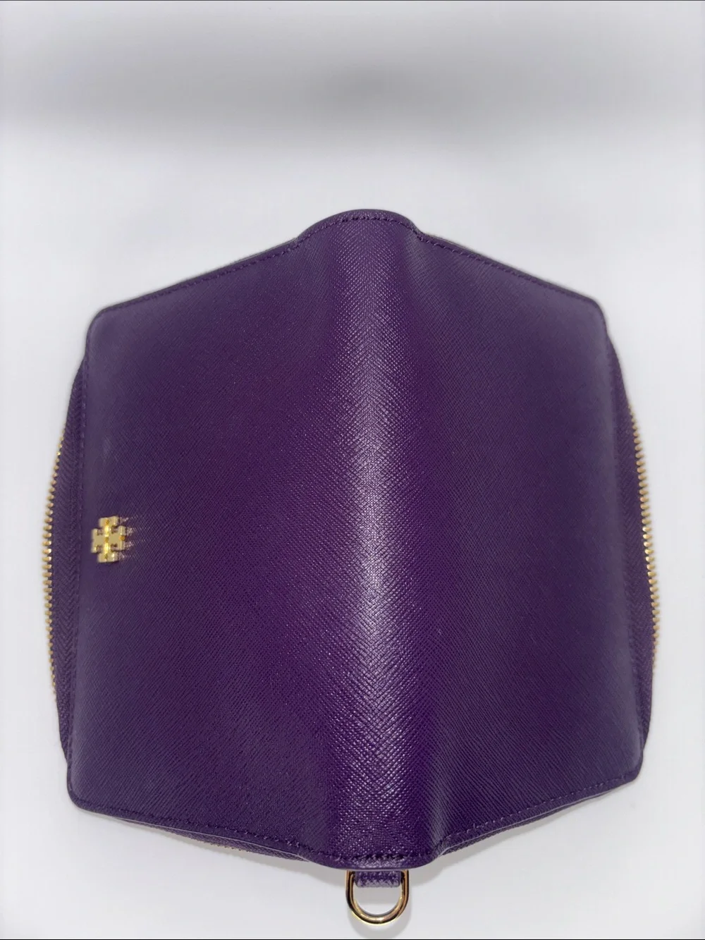 Tory Burch Deep Purple Leather Zip-Around Wallet with Gold Logo